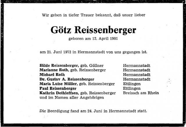 Reissenberger Georg 1901-1972 Todesanzeige